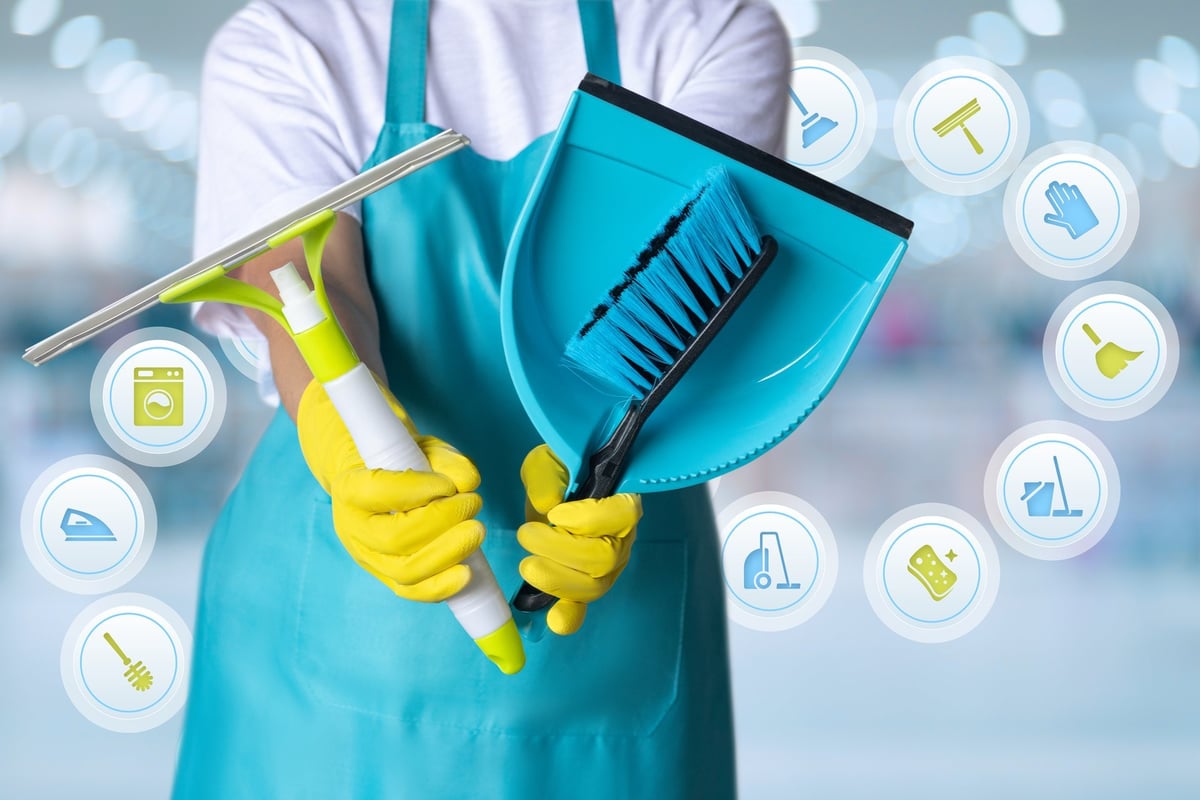 Cleaning tools and supplies ready for household chores