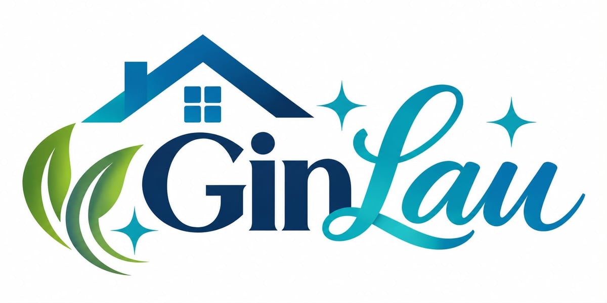 GinLau Cleaning Services — blue house roof, green leaf accent and teal script wordmark